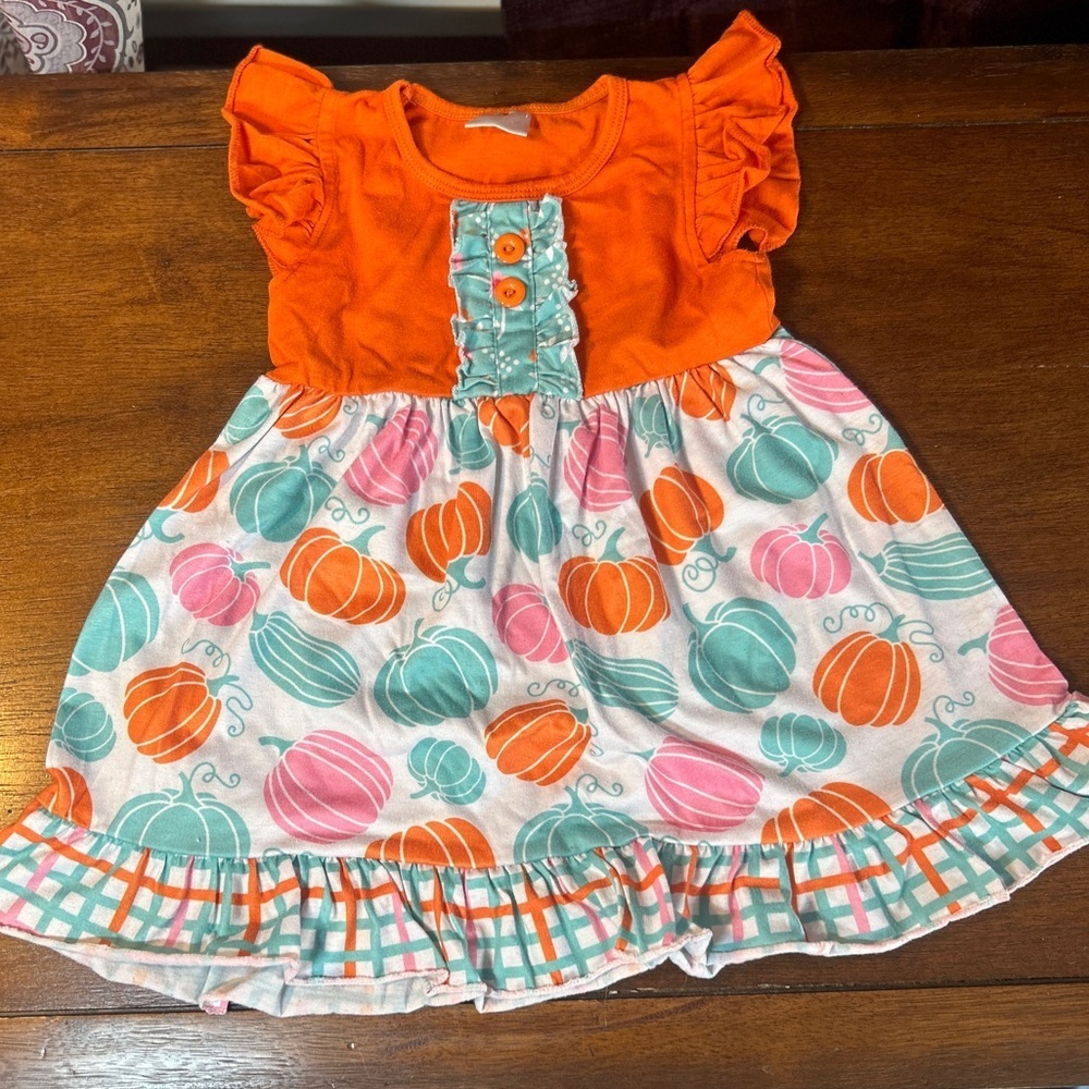 Orange and Multicolor Pumpkin Print Kids Dress